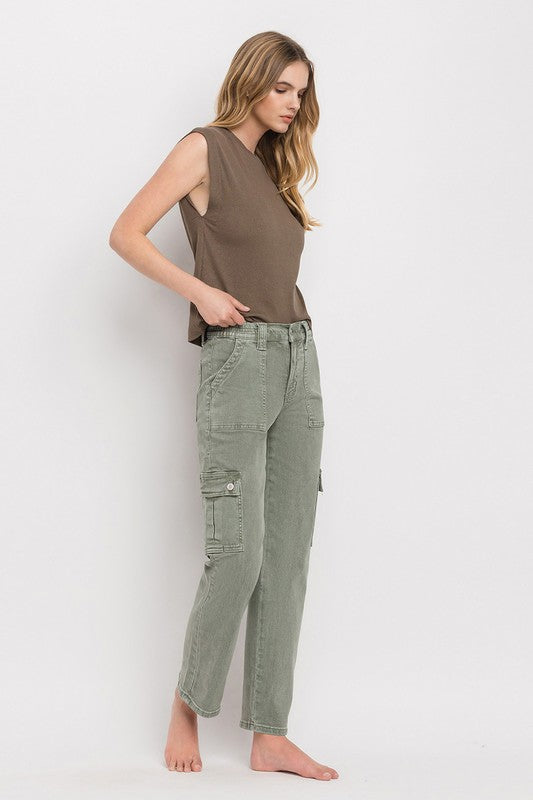 Army Green High Rise Cargo Straight Jeans