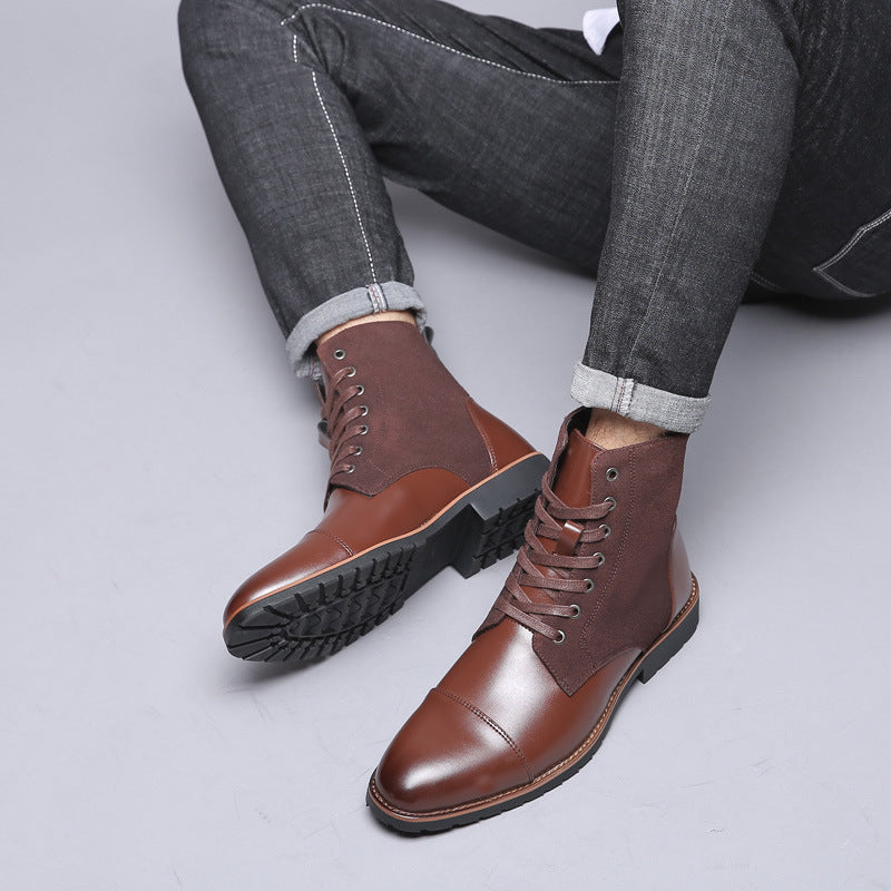 Pointed Tip Lace-up Leather Splicing Martin Boots