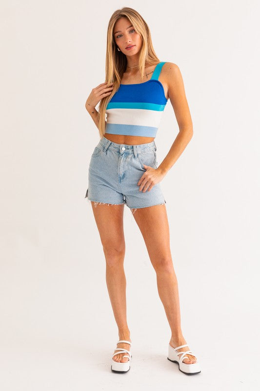 Square Neck Stripe Pattern Knit Tank Top