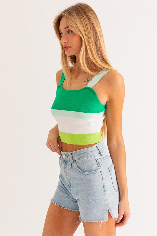 Square Neck Stripe Pattern Knit Tank Top