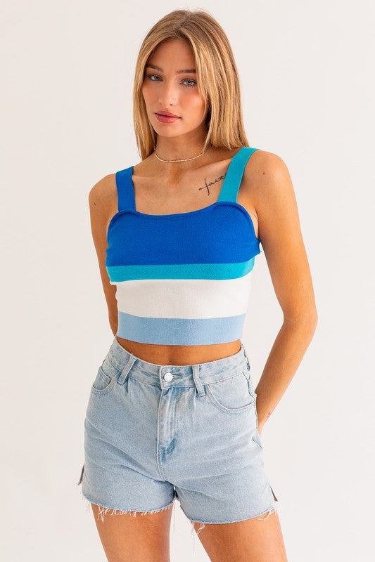 Square Neck Stripe Pattern Knit Tank Top