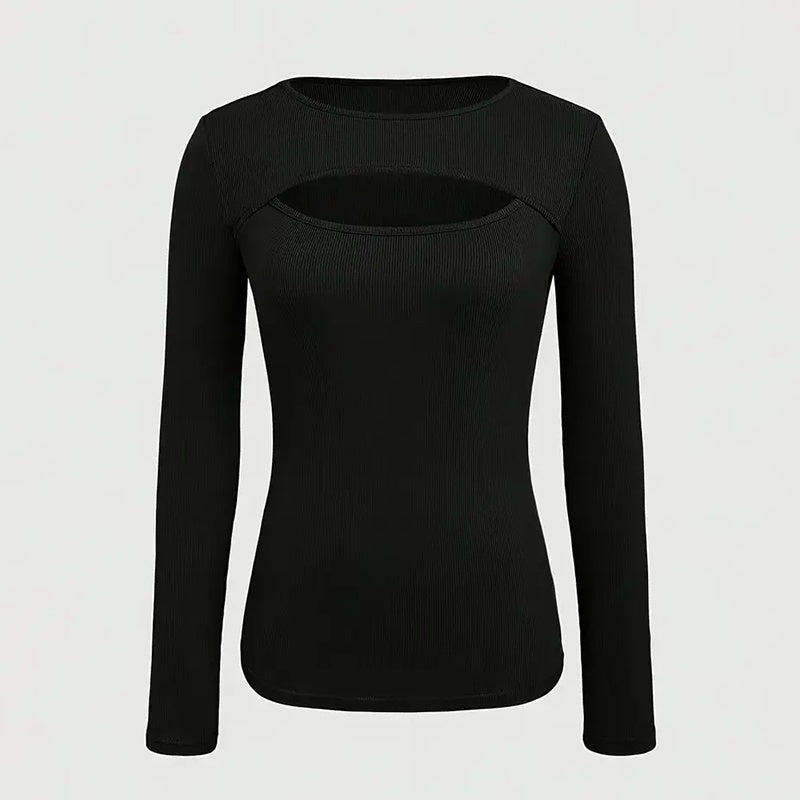 Long Sleeve Top - Ribbed Cut-Out Fitted Casual