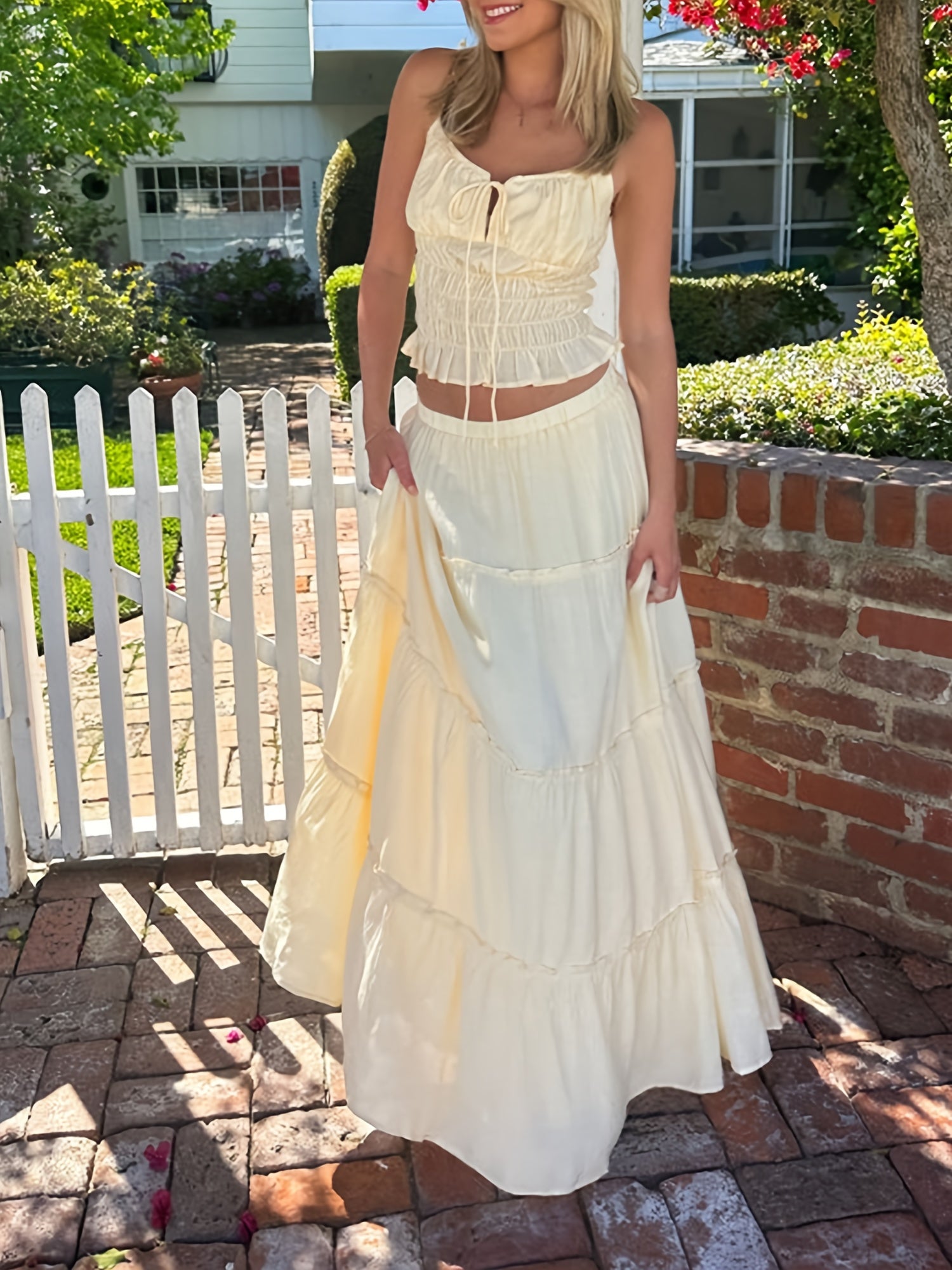 Light Yellow Ruched Tie-Up Front Sleeveless Cami Top & Maxi Skirt Outfit Set