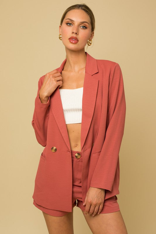 Hip Length Long Sleeve Double Breasted Blazer
