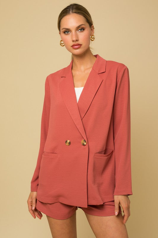 Hip Length Long Sleeve Double Breasted Blazer