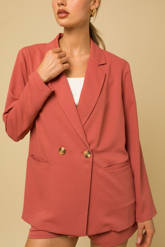 Hip Length Long Sleeve Double Breasted Blazer