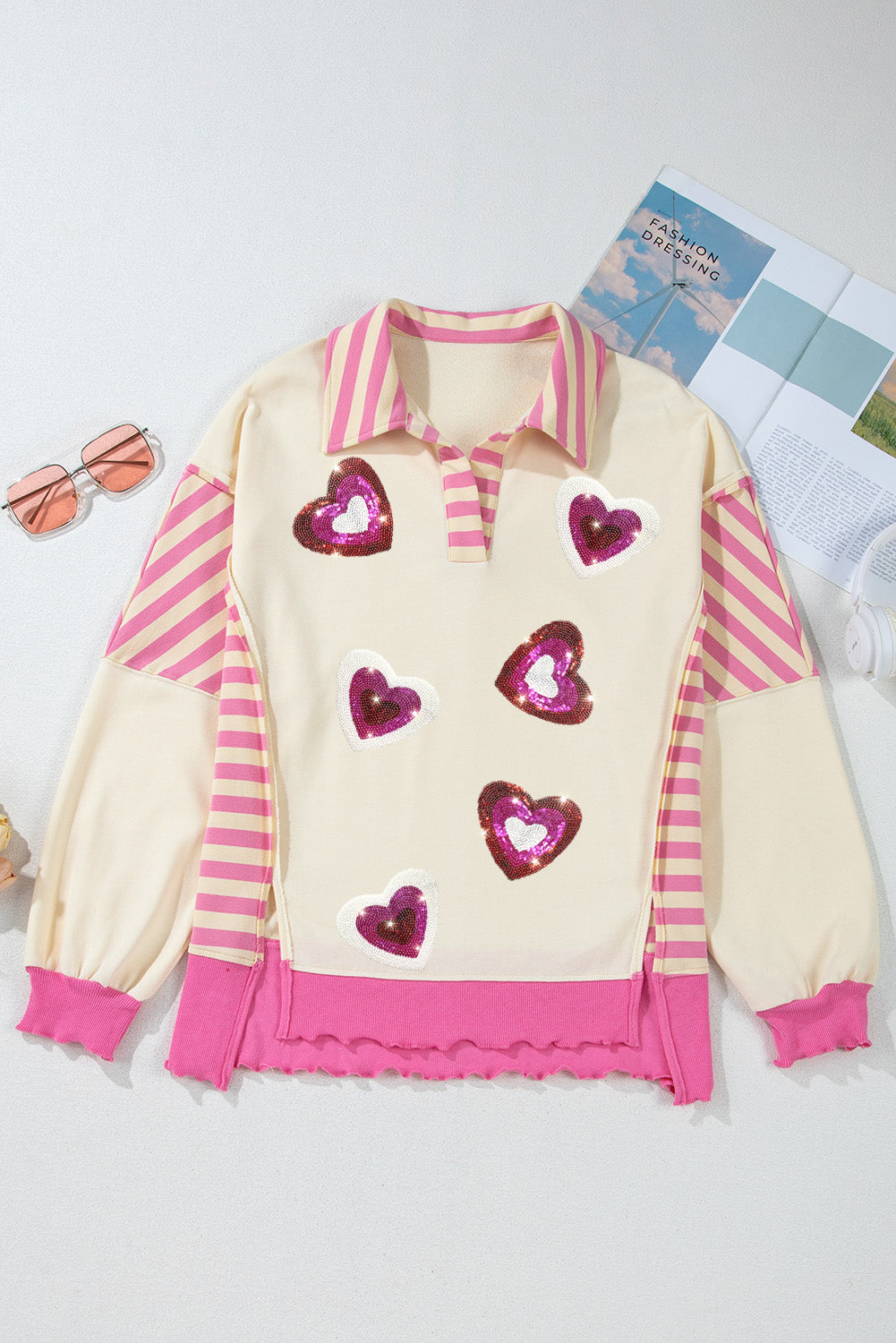 Valentineās Day Sequin Heart Pattern Long Sleeve Sweatshirt