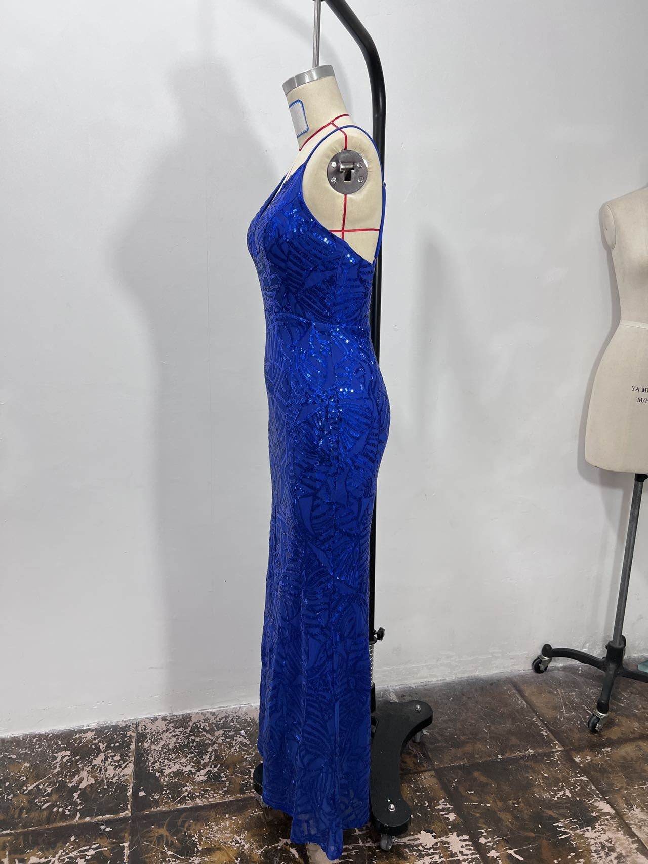 Spaghetti Strap Sequin Prom Gown - Deep V Maxi Slit Dress