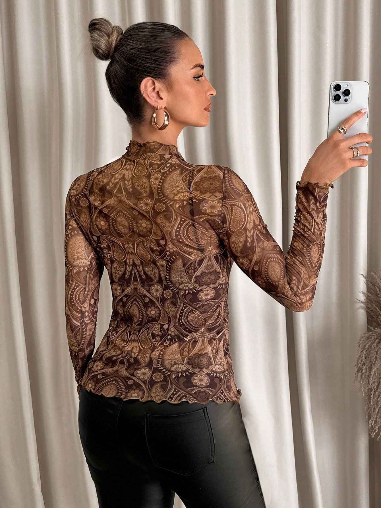 Small Stand-up Collar Blouse - Long Sleeve Mesh Top