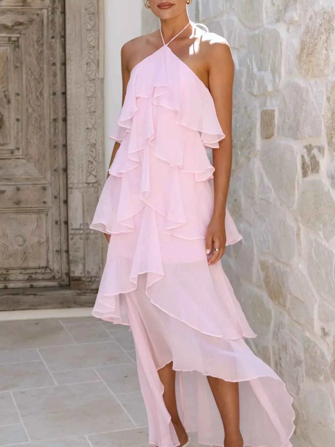 Tiered Ruffle Halter Midi Dress - Layered Flowy Style