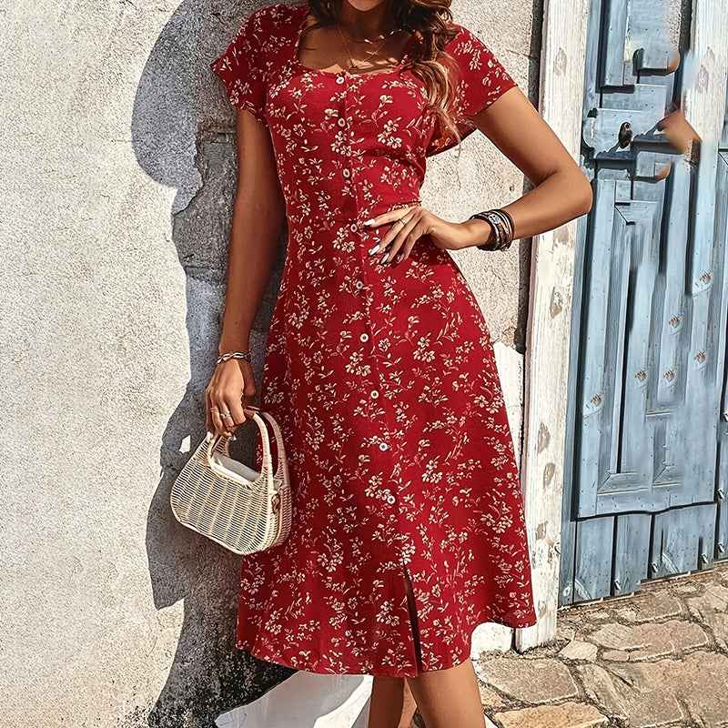 Bohemian Floral Print Midi Dress - Flowy Button Up