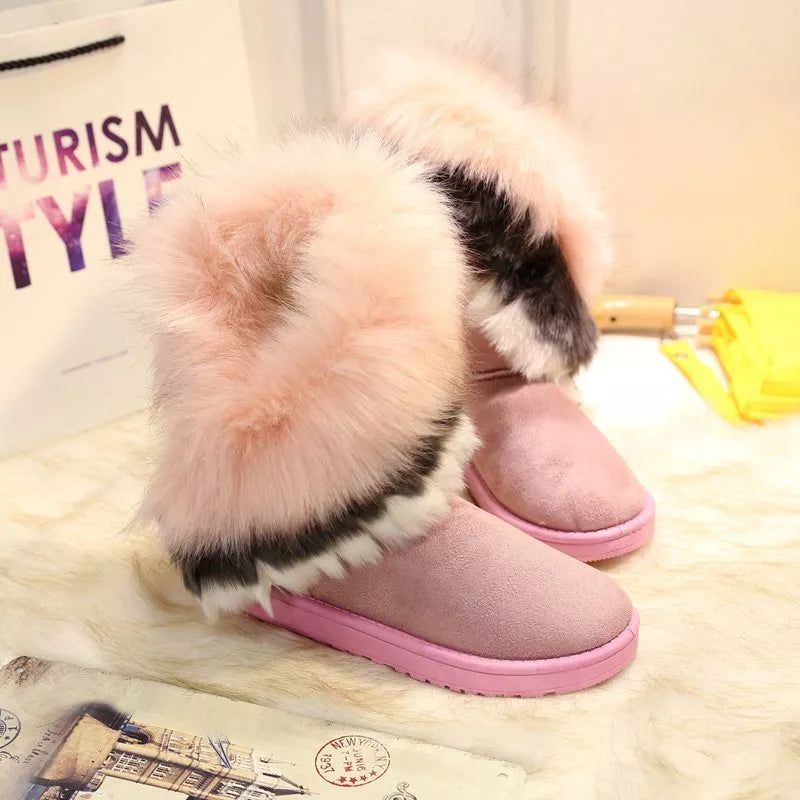 Fluffy Fur Cuff Round Toe Boots - Fashions Envy