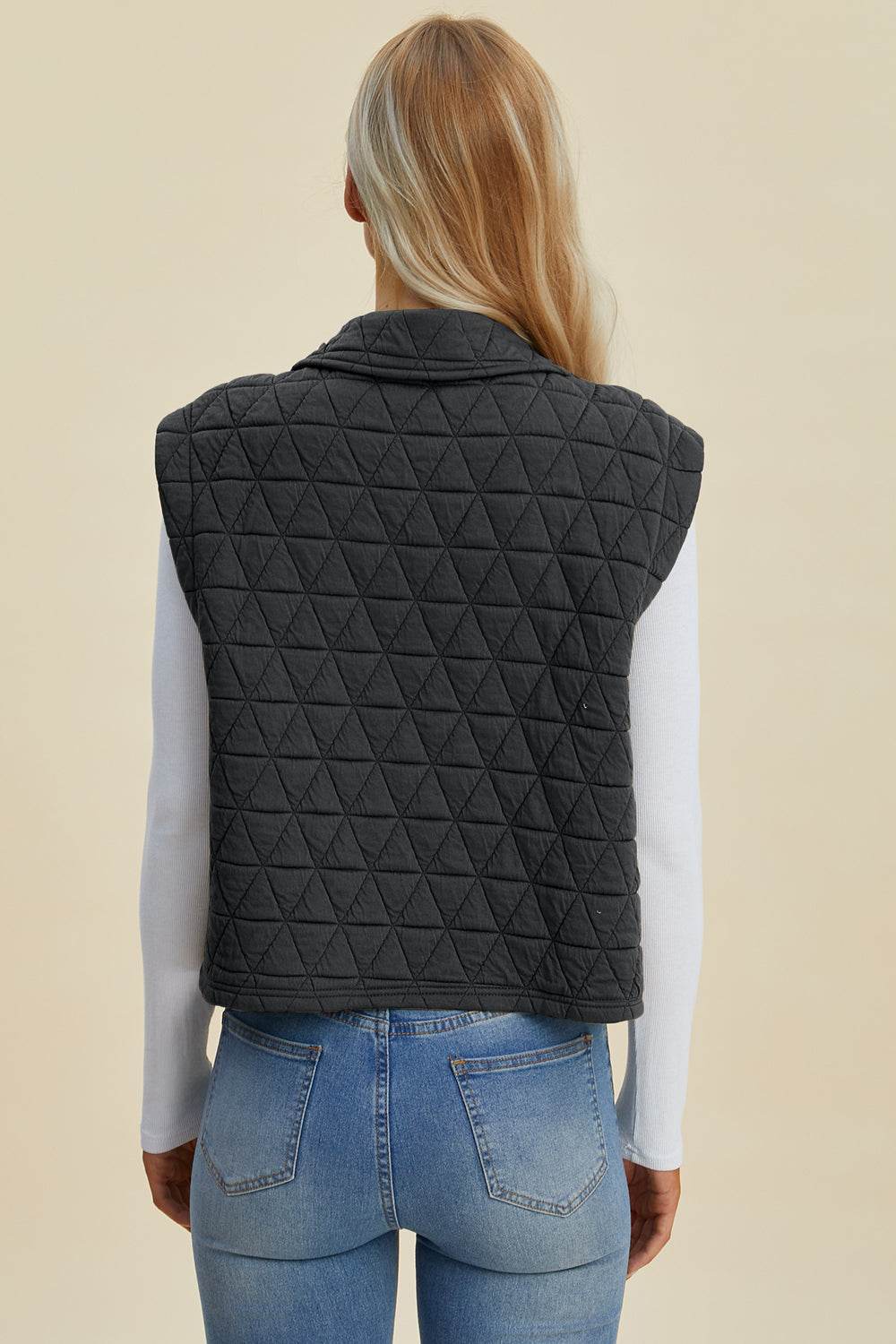 Double Take Full Size Pocketed Texture Snap Down Vest Coat - Fashions Envy