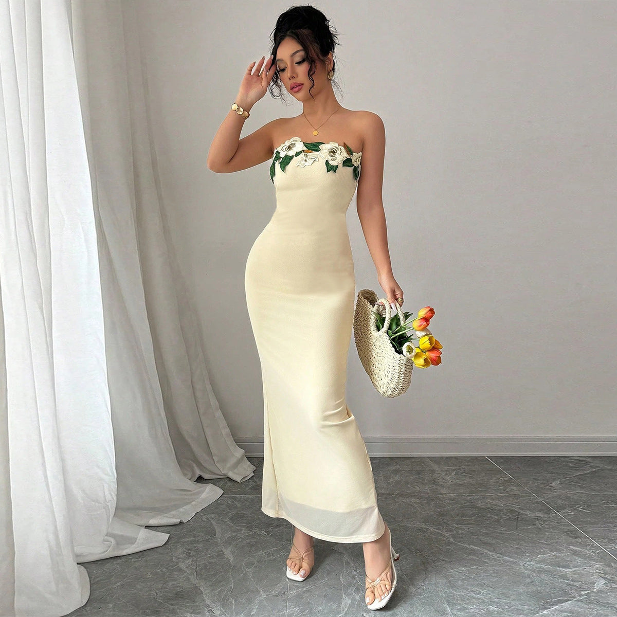 Strapless Backless Maxi Dress - 3D Floral Detail - Fashions Envy
