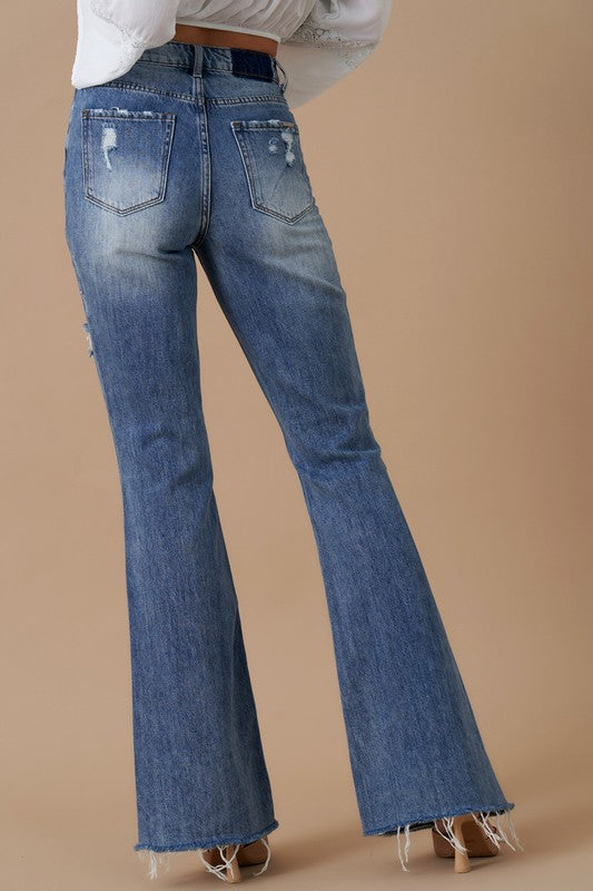 Button Closure Medium Wash Denim Slit Flare Jeans