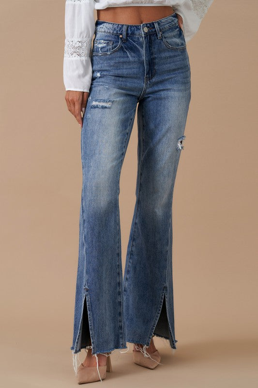 Button Closure Medium Wash Denim Slit Flare Jeans