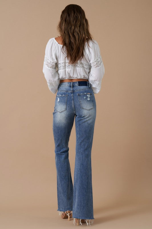 Button Closure Medium Wash Denim Slit Flare Jeans