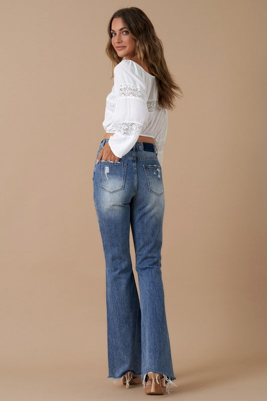 Button Closure Medium Wash Denim Slit Flare Jeans