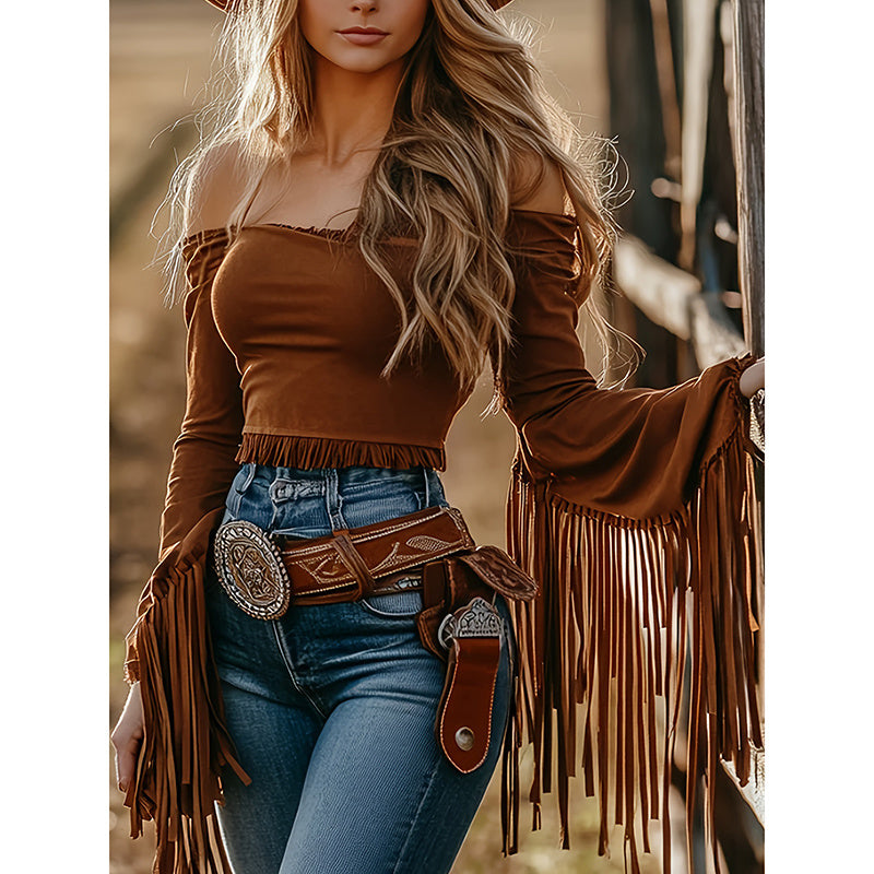 Western Cowgirl Fringe Trim Sexy Off Shoulder Top