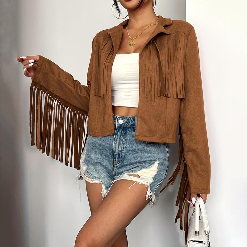 Solid Color Fashion Lapel Loose Fit Fringe Long Sleeve Jacket