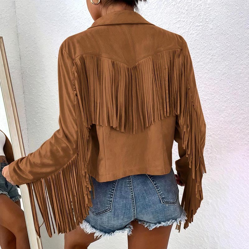 Solid Color Fashion Lapel Loose Fit Fringe Long Sleeve Jacket