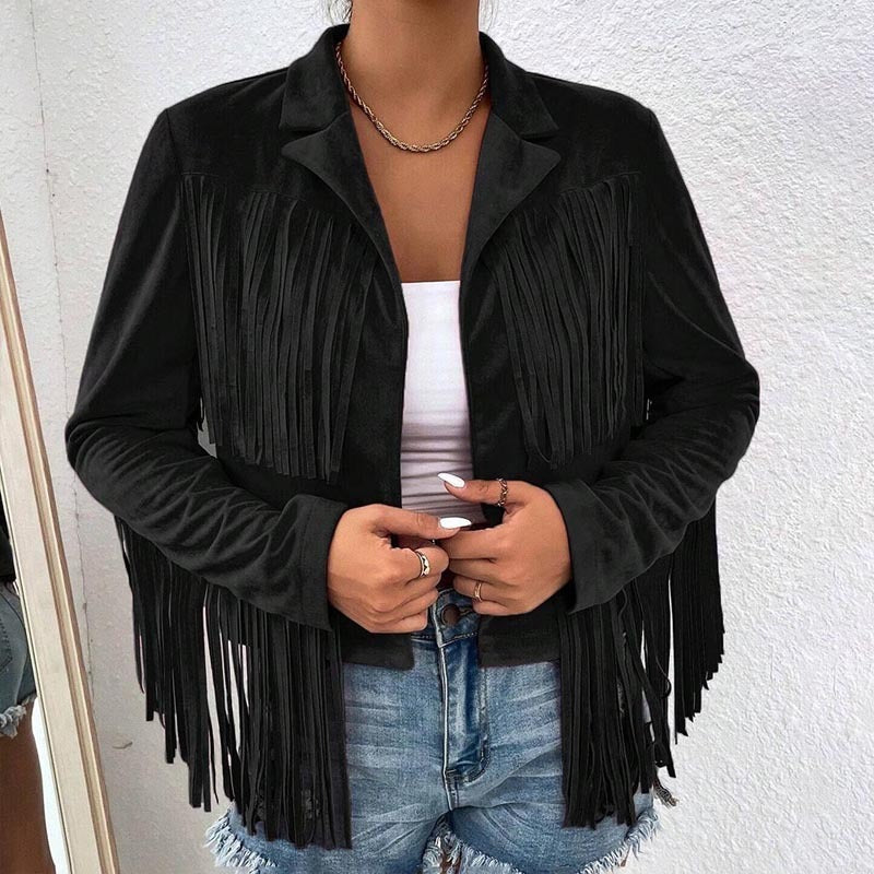 Solid Color Fashion Lapel Loose Fit Fringe Long Sleeve Jacket