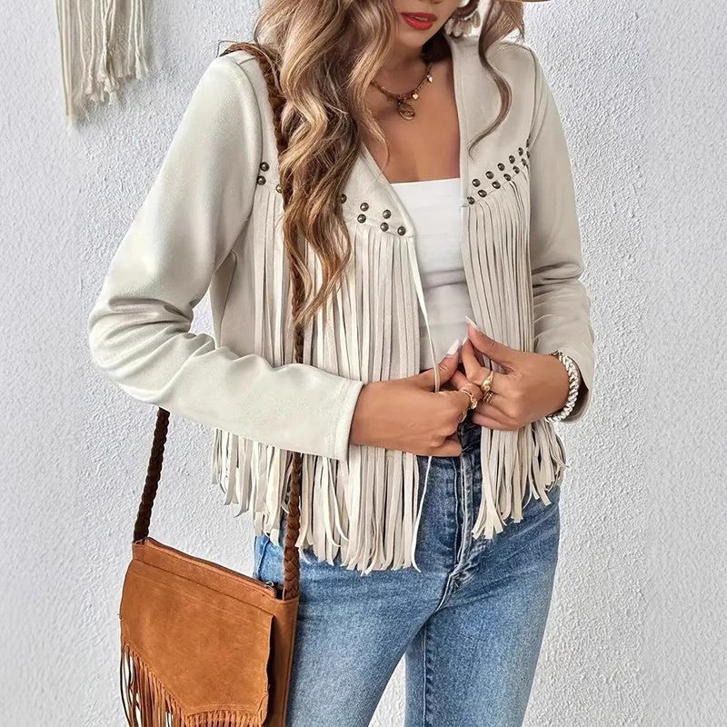 Suede Fringe Trim Open Front Western Concert Outfit Jacket