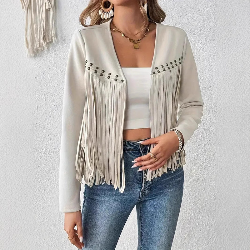 Suede Fringe Trim Open Front Western Concert Outfit Jacket