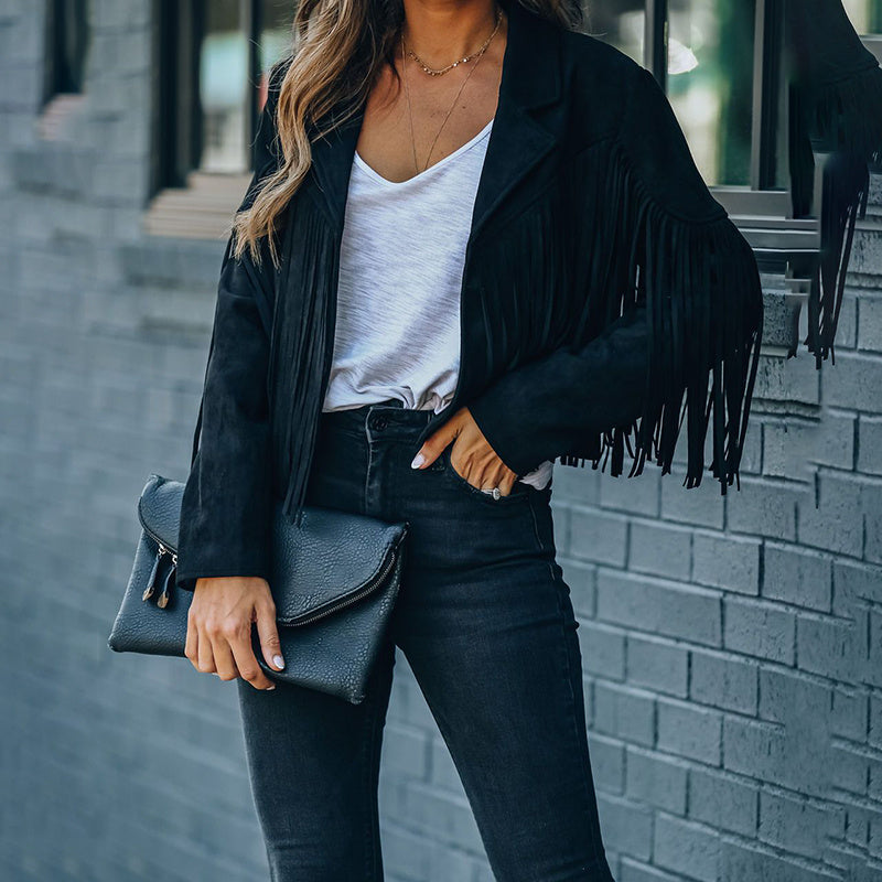 Women's Notched Collar Fringed Jacket - Faux Suede Tassel Motorcycle Cropped Jacket