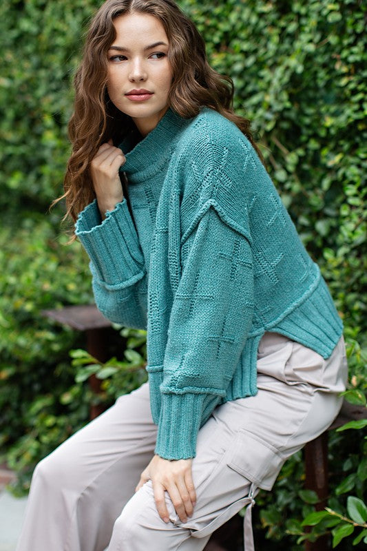 Cross Pattern Turtle Long Sleeve Neck Knit Sweater Top