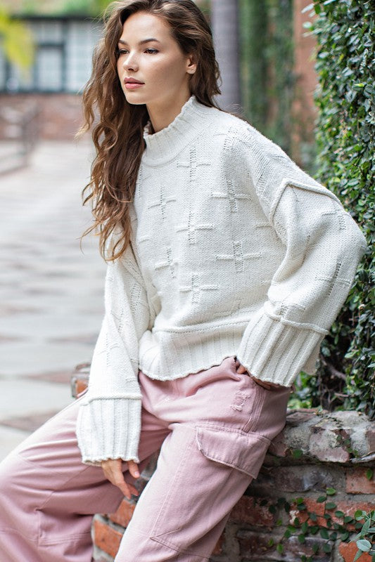 Cross Pattern Turtle Long Sleeve Neck Knit Sweater Top