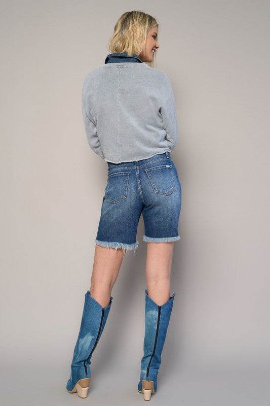 High-Rise Bermuda Shorts with Fringe Detail - Fashions Envy