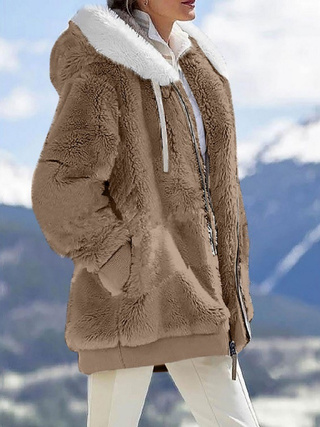 Warm Plush Hooded Jacket - Long Sleeves With Zippered Pockets