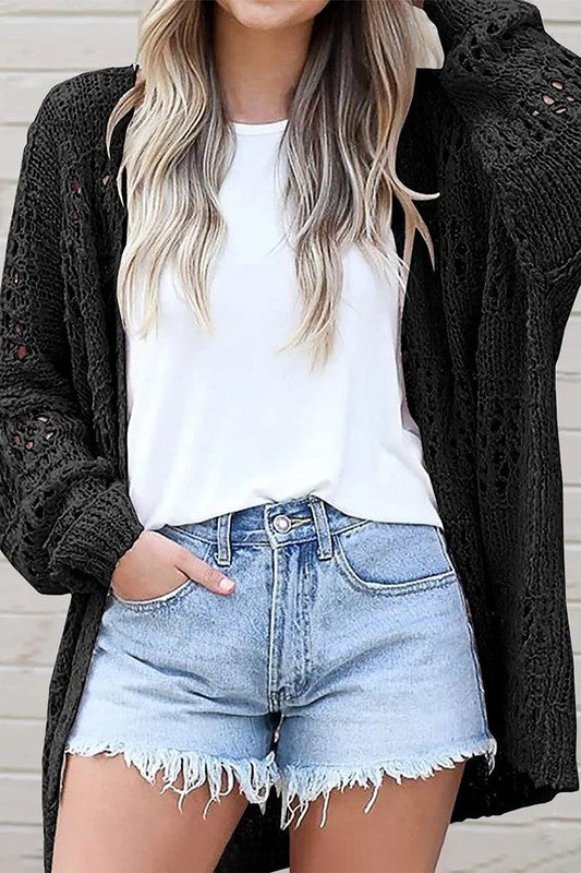 Hollowed Crochet Dolman Knit Sleeve Cardigan