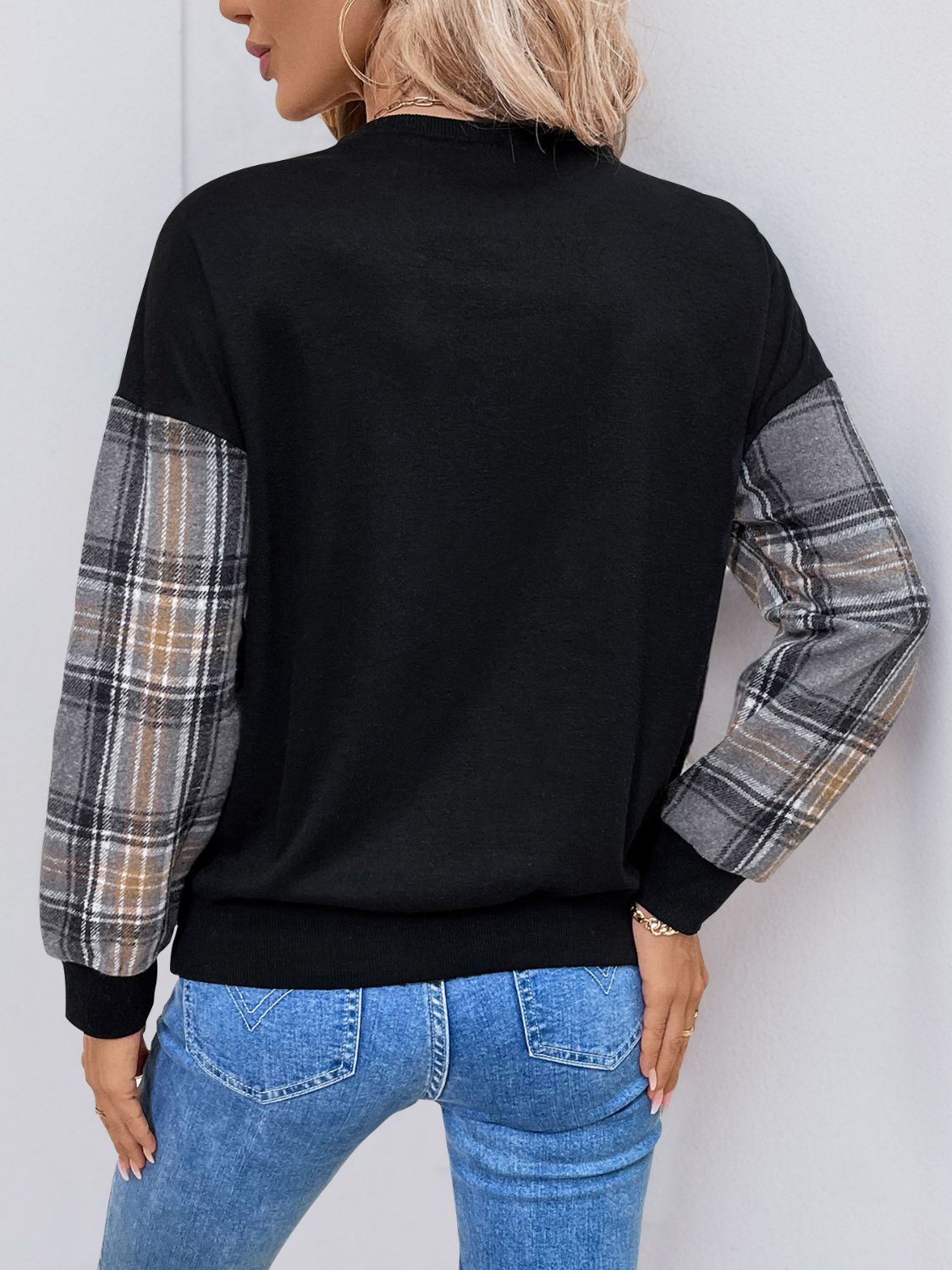 Black Plaid Sweatshirt - Lace Detail Long Sleeve Top
