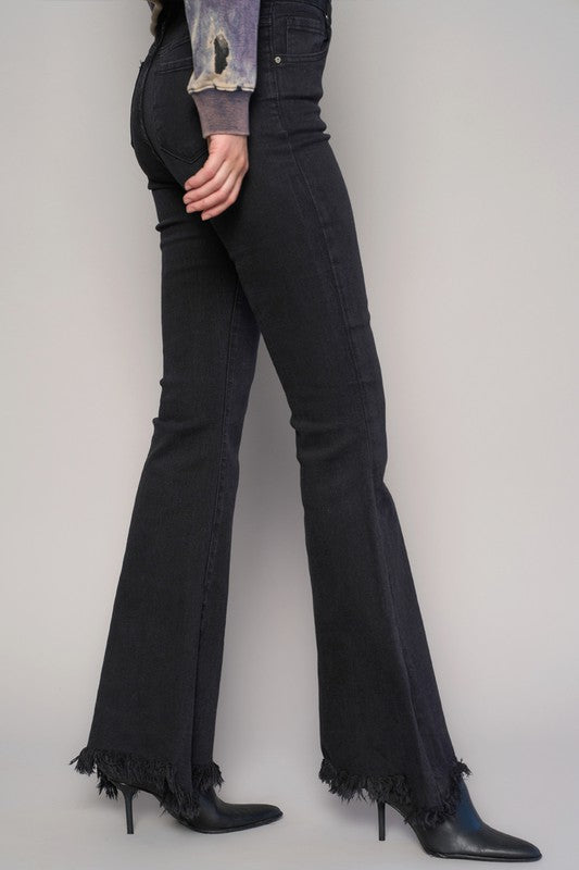 Wide Flare Leg Black Wash Denim Jeans