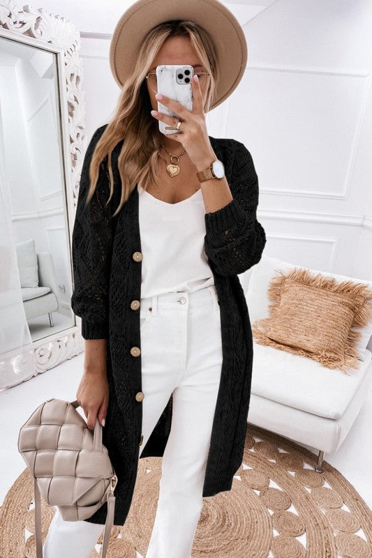 Hollow Knit Eyelet Big Button Cardigan Sweater