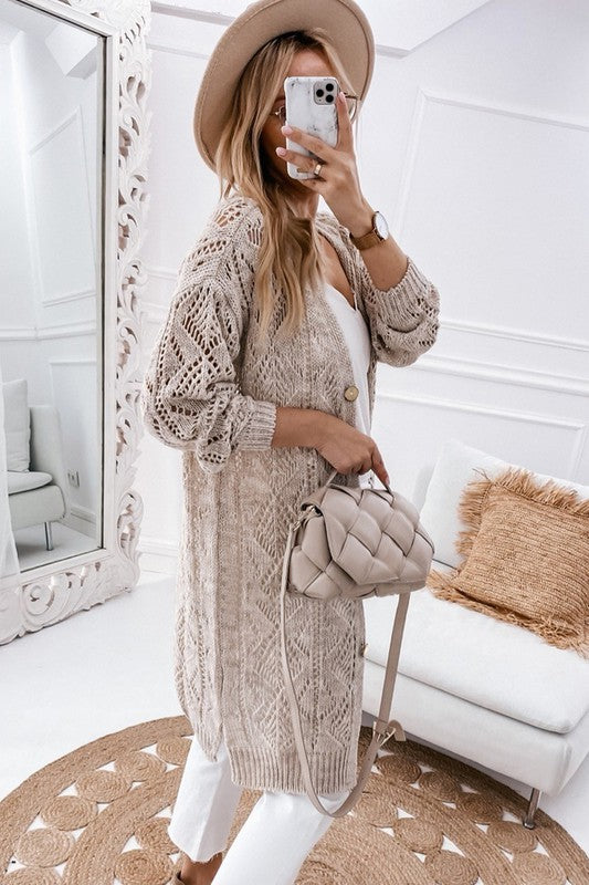 Hollow Knit Eyelet Big Button Cardigan Sweater