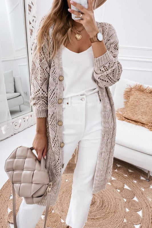 Hollow Knit Eyelet Big Button Cardigan Sweater