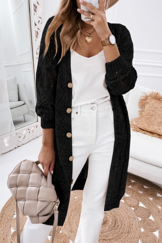 Hollow Knit Eyelet Big Button Cardigan Sweater