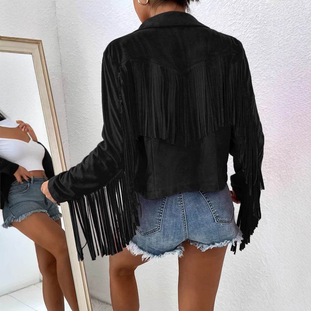 Women's Black V-Neck Fringe Jacket - Long Sleeve Short Coat