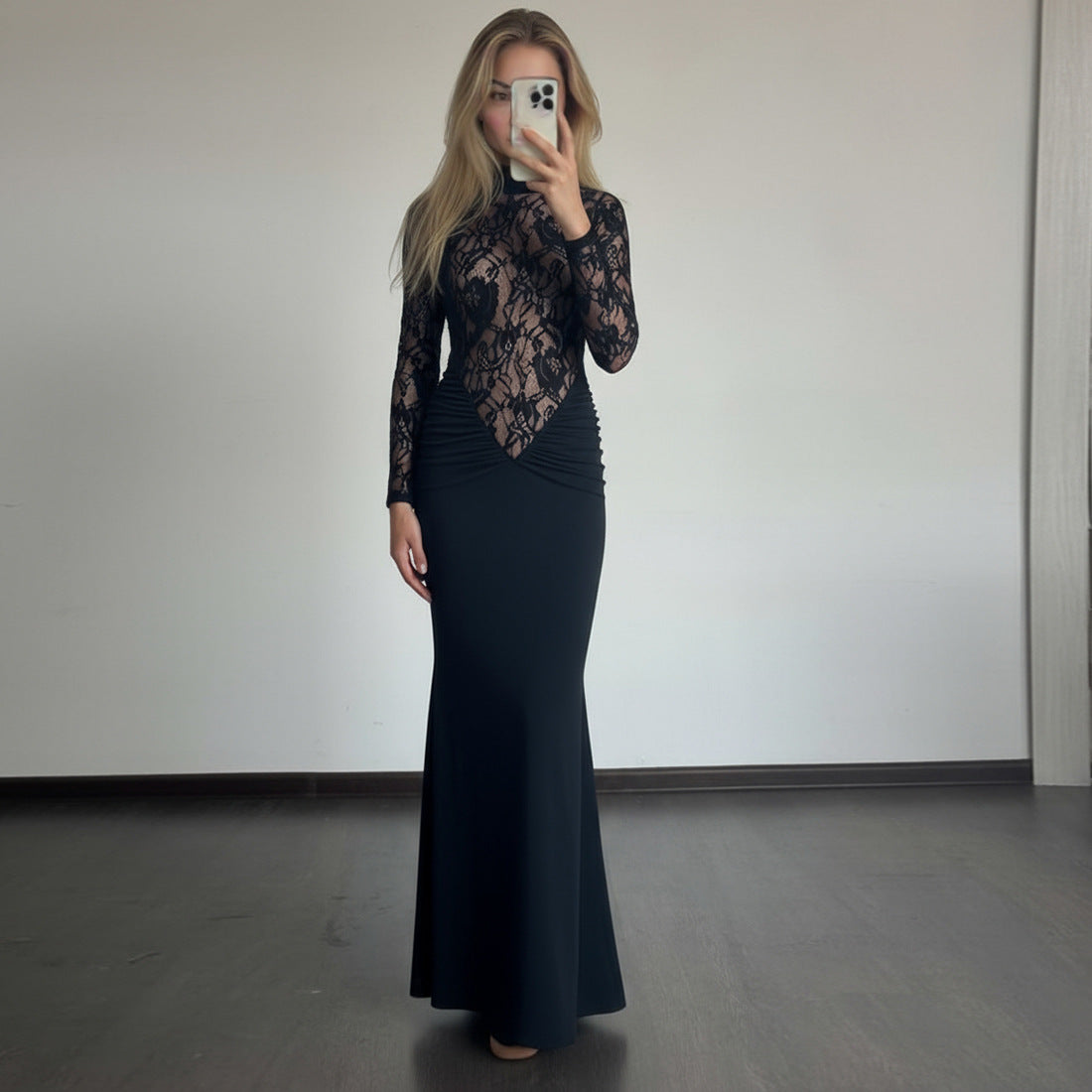 High Neck Lace Maxi Dress - Long Sleeve Black - Fashions Envy