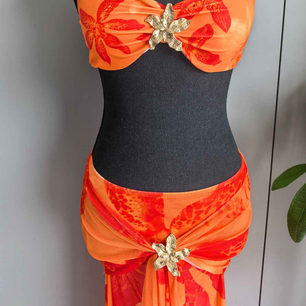 Orange Print Bikini Set - Tie Strap Triangle Two-Piece Swimsuit