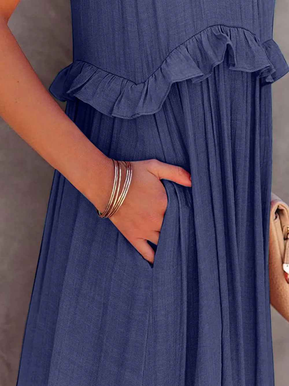 Smocked Tiered Ruffle Maxi Dress - Sleeveless with Pockets