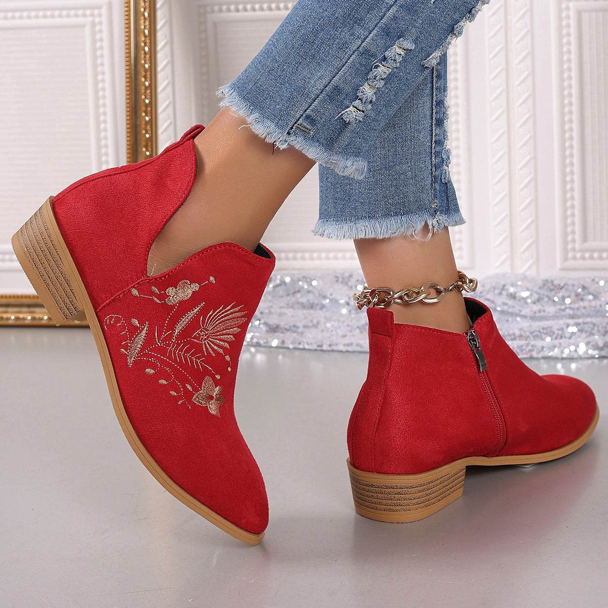 Embroidered Suede Point Toe Block Heel Boots - Fashions Envy