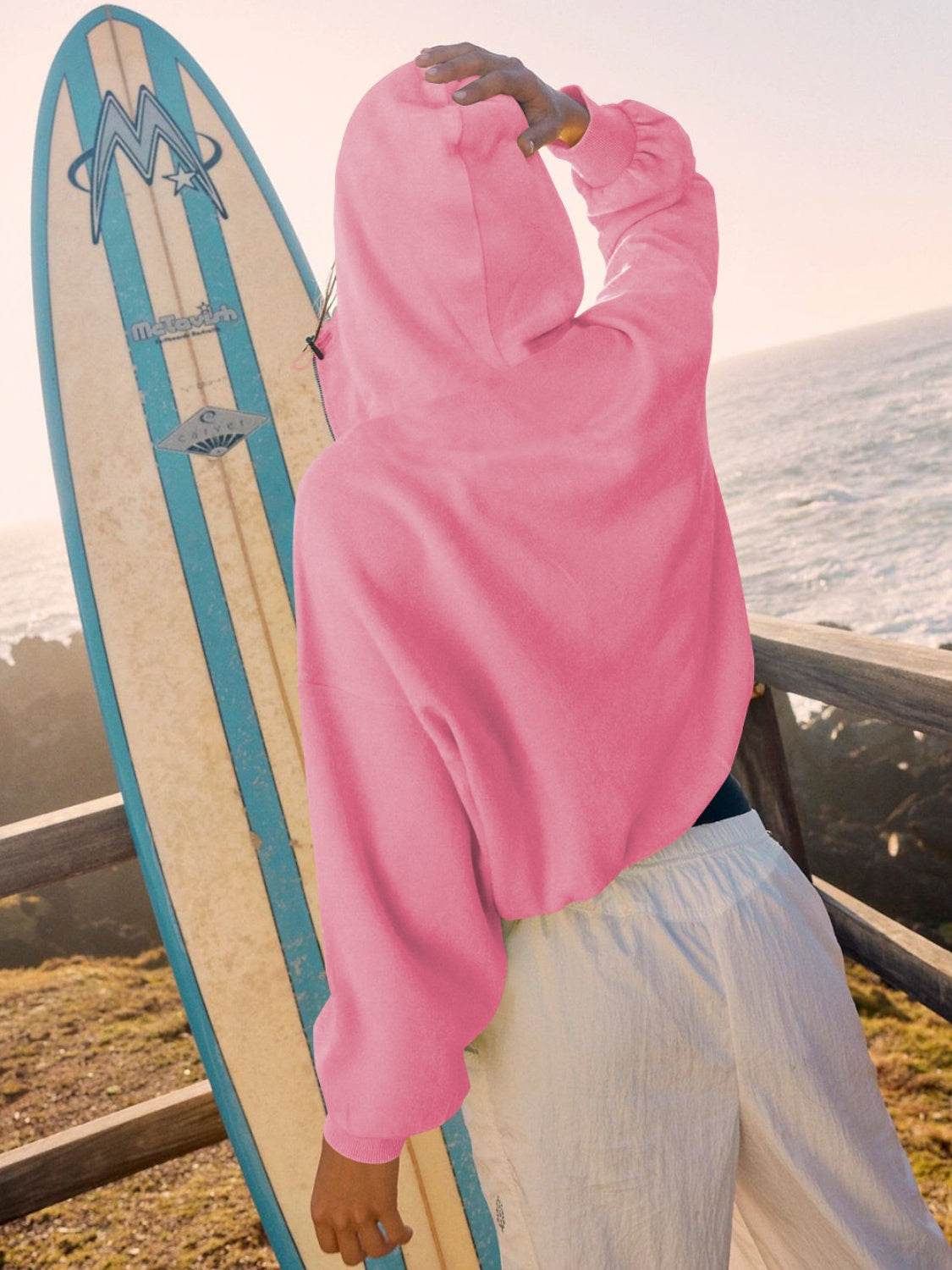 Half Zip Pocketed Dropped Shoulder Hoodie - Fashions Envy
