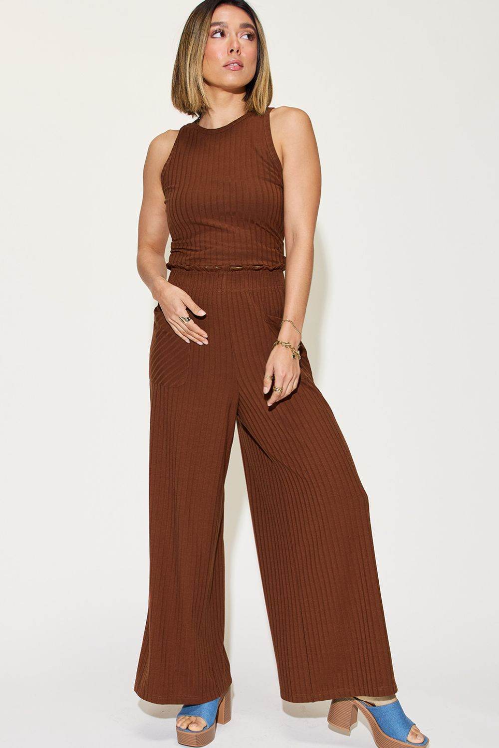 Basic Bae Full Size Ribbed Tank and Wide Leg Pants Set - Fashions Envy