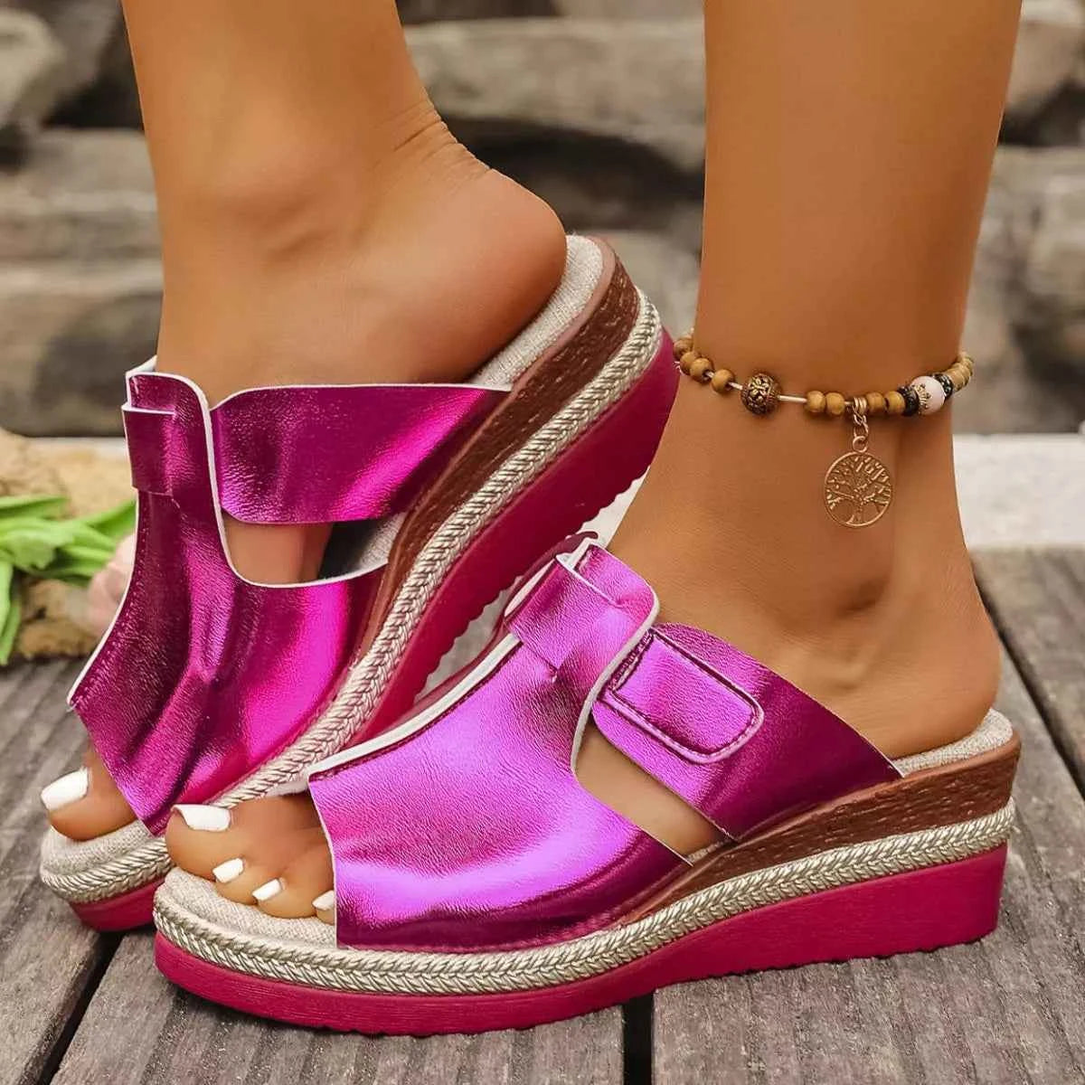 Wedge Platform Sandals - Open Toe Ankle Strap Style