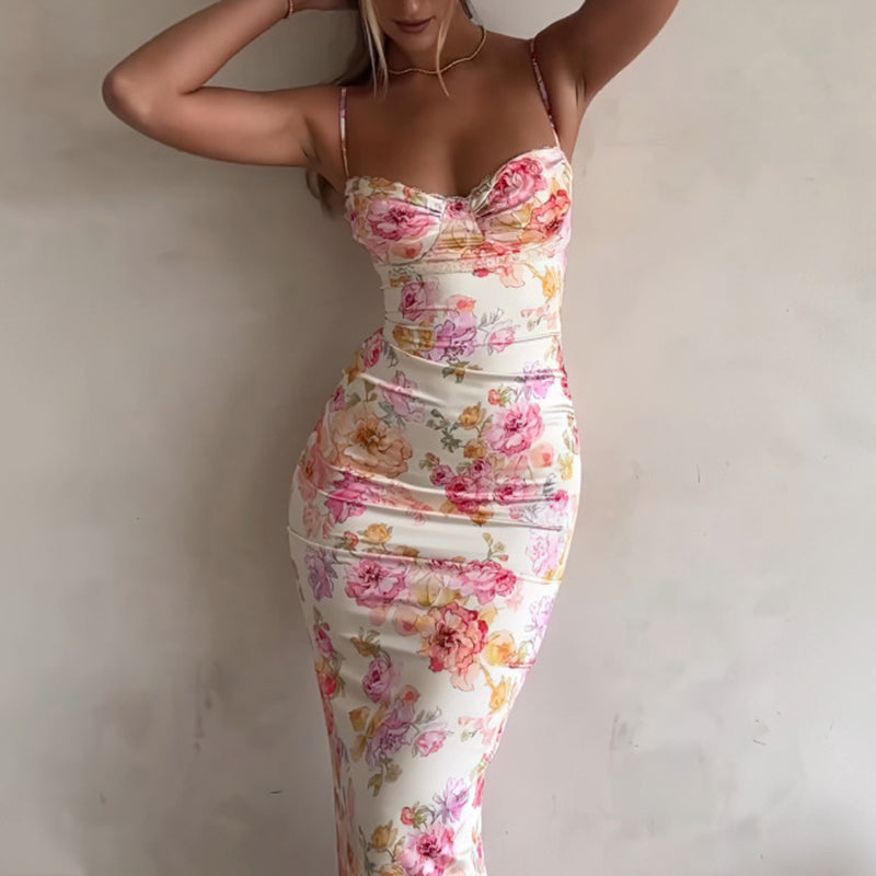 Floral Maxi Dress - Bodycon Spaghetti Strap Vacation Dress