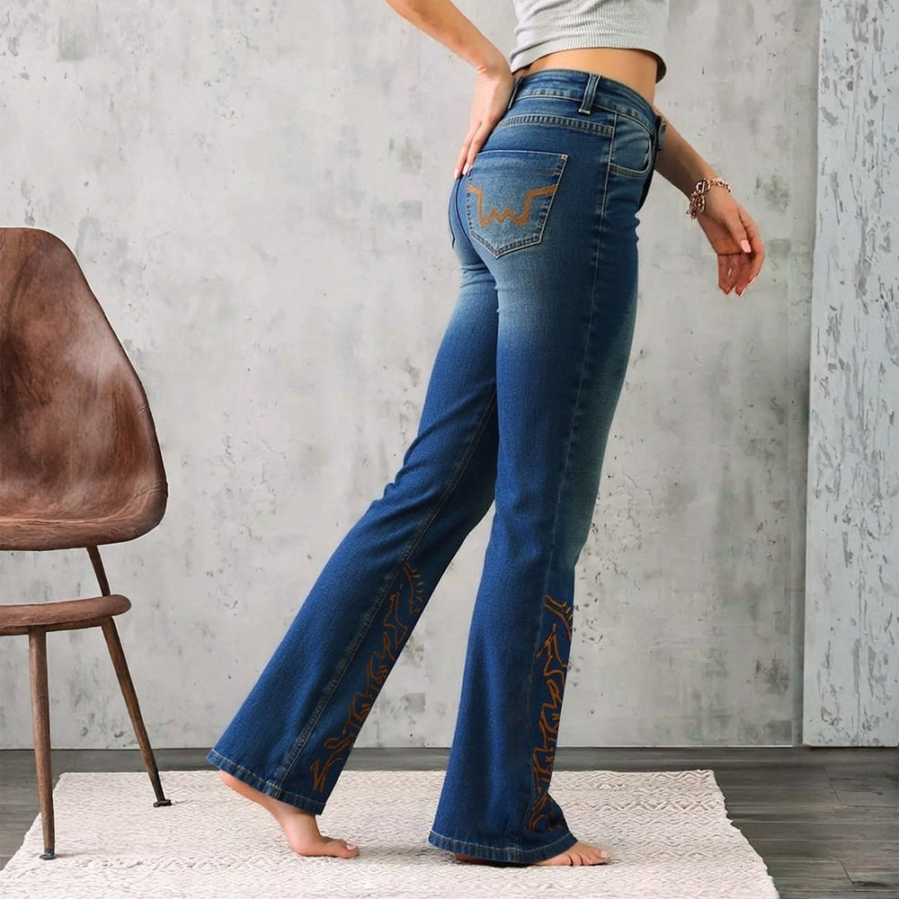 Mid-Waist Wide Leg Embroidered Jeans - Vintage Wash Denim